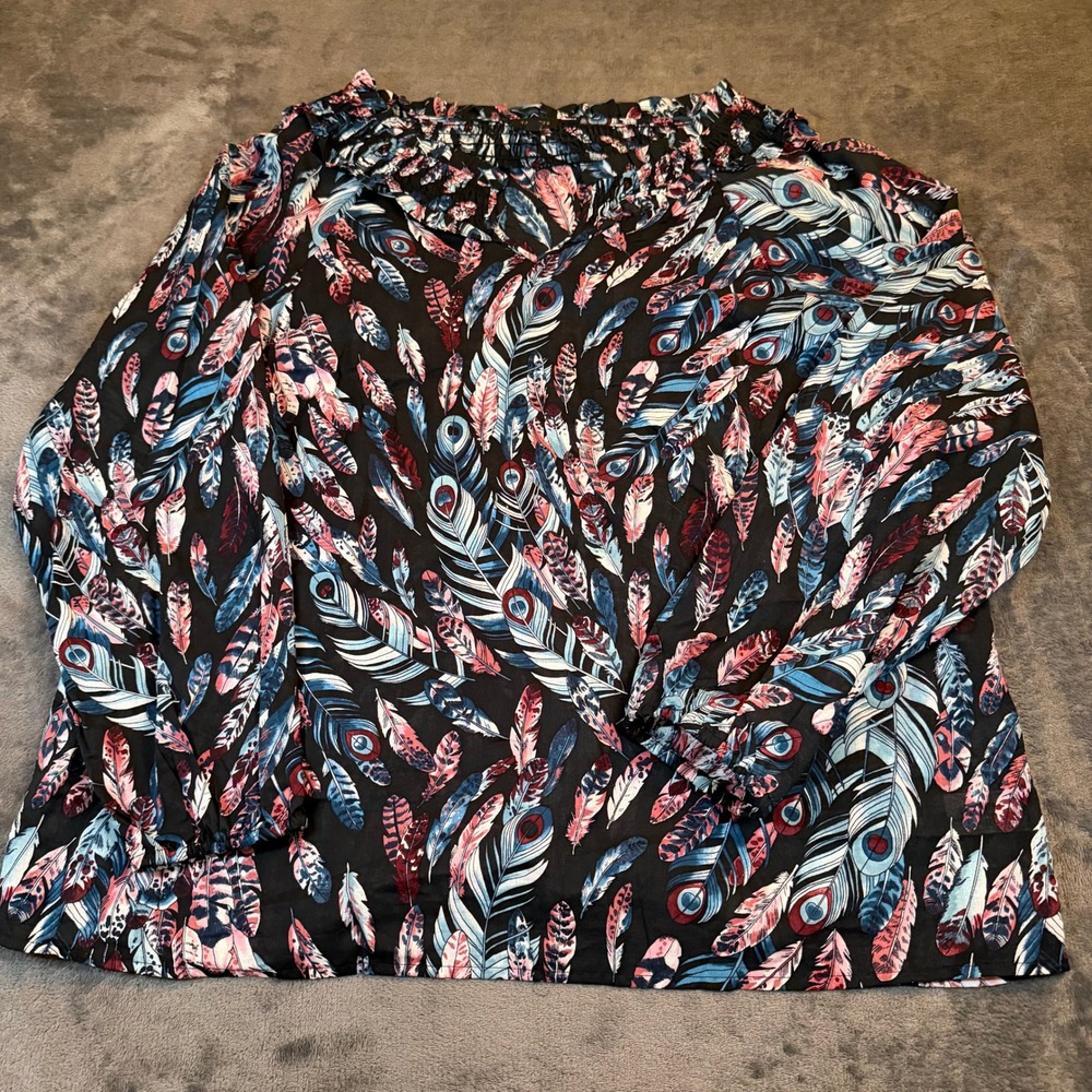 Talbots Smocked Neck Blouse Womens Extra Large Black Feather Print Cotton